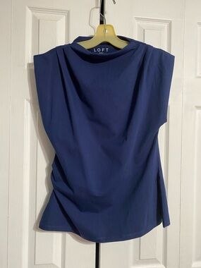 LOFT cotton navy blue knit stretch Pleated Side Slit Top shirt blouse size LARGE